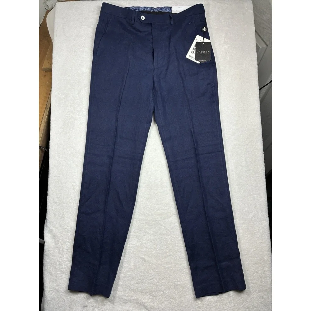 NWT Mens Lauren Ralph Lauren Men Ultra Flex Classic Fit Navy Linen Pants 32x32